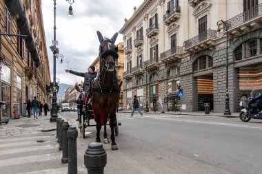 Palermo, Sicilya, İtalya 14 Ocak 2024 tarihi şehir merkezindeki Via Roma 'da bir at arabası parketmiş..