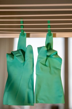 Çamaşır ipine asılı yeşil mutfak eldivenleri orta parmak hareketi yapar..