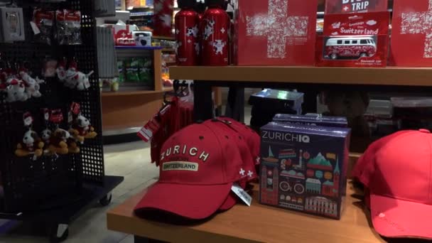Zurich Switzerland Swiss Tourist Souvenirs Duty Free Shop Airport — Stock Video