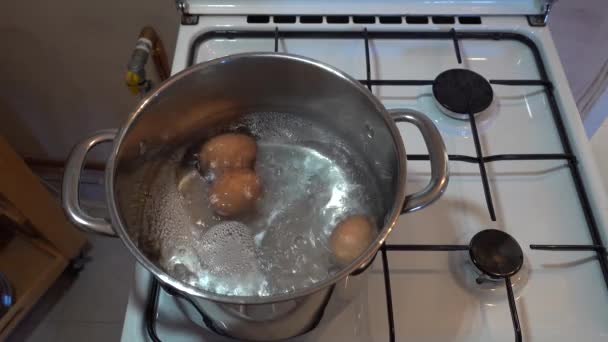 Hardgekookte Eieren Die Koken Een Pan Met Kokend Water Een — Stockvideo