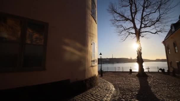 Stockholm Sveç Güneşteki Riddarholmen Adasının Sodermalm Bakan Manzarası — Stok video