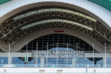 Istanbul, Turkey, March 17, 2024 A sign for the Istanbul Sabiha Gokcen airport at the arrivals terminal. clipart