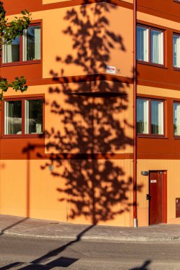 Stockholm, İsveç. Gün batımında Arstaberg bölgesinde turuncu bir binanın ön cephesine güçlü bir ağaç gölgesi yansıtılıyor..