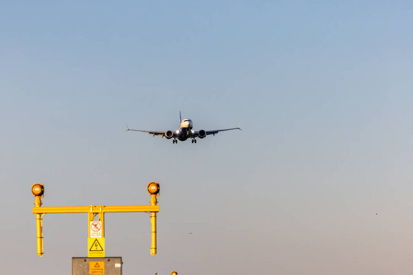 Stockholm, Sweden A commercial airliner approaches  the runway at Arlanda Airport.