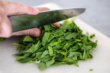 Bir aşçı taze ıspanak yapraklarını bıçakla keser..