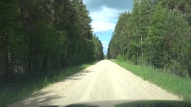 Varska, Estonya Yazın ormanda uzun toprak bir yol boyunca bir araba sürer.