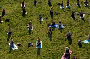 Stockholm, İsveç 20 Haziran 2024. Bir grup kadın, halka açık bir parkta Friskies ve Svetis ile yoga ve egzersiz yapıyor.