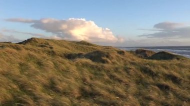 Hirtshals, Danimarka Kuzey Denizi 'nde gün batımı manzarası ve kumullar