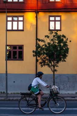 Stockholm, İsveç 29 Haziran 2024 Bir kadın bisikletçi Midsommarkransen bölgesinde bir konutun önünden geçiyor.