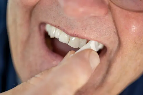 Bir adam ağzının içine dumansız tütünsüz nikotin kesesi yerleştirir..