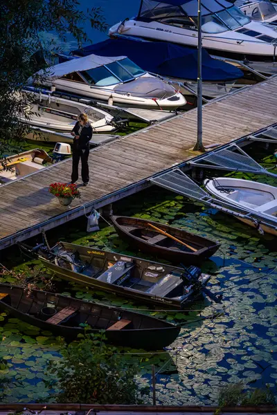 stock image Stockholm, Sweden Aug 14, 2024 A woman stands alone in the wee hurs on a boat dock in the Tantolunden park.