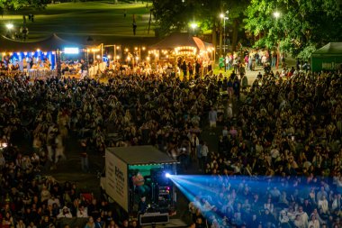 Stockholm, İsveç 15 Ağustos 2024 Yazın Ralis Park 'taki bir açık hava gösterimine kalabalık bir kalabalık katıldı..