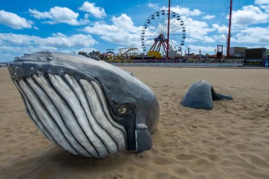 Okyanus Şehri, Maryland, ABD 3 Eylül 2024 Kumda bir balina figürü ve Okyanus Şehri rıhtımında Pepsi Ferris Wheel.