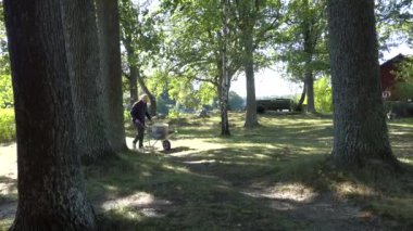 Stockholm, İsveç 'te bir adam doğramak için el arabasıyla büyük bir kütük dolusu taze odun taşır.. 