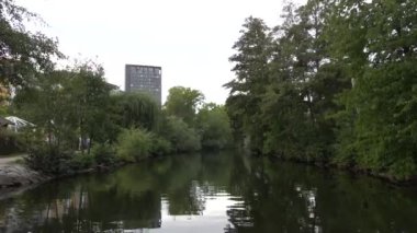 Stockholm, İsveç Kungsholmen bölgesindeki Karlbergsjon 'da fazla büyümüş bir kanalın yavaş hareket eden tavası.. 