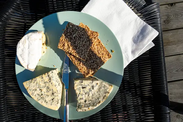 stock image Stockholm, Sweden A plastic plate outdoors on a chair  with blue cheese, brie and crackers for a picnic.