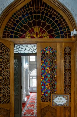 Baku, Azerbaijan Sept 22, 2024 An ornate door to the praying room  at the Bibiheybat Mosque and a sign says for me only. clipart