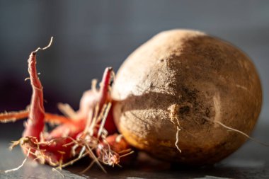 Evde yetiştirilmiş tatlı ve mutfak tezgahında patates..