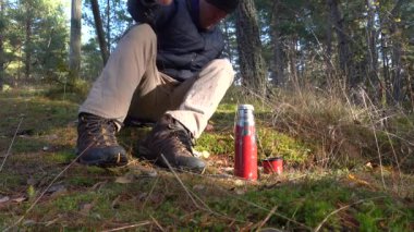 Stockholm, İsveç 'te bir adam ormanda çay molası veriyor ve termostan bir fincan sıcak çay döküyor..  