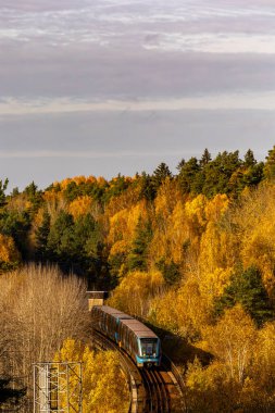 Stockholm, İsveç 19 Ekim 2024 Sonbahar yeşilliklerinde Kista bölgesindeki Mavi Hat 'taki Tunnelbana tren veya metro manzarası.