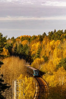 Stockholm, İsveç 19 Ekim 2024 Sonbahar yeşilliklerinde Kista bölgesindeki Mavi Hat 'taki Tunnelbana tren veya metro manzarası.