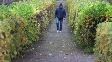 Nykvarn, İsveç 'te bir adam, sonbahar yapraklarının ortasında, Malaren Gölü kıyısında parkta tek başına yürüyor.. 