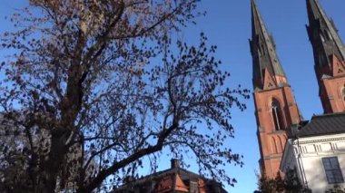 Uppsala, İsveç Uppsala Katedrali ve Gustavianum veya Uppsala Üniversitesi Müzesi 'nin panning park manzarası.