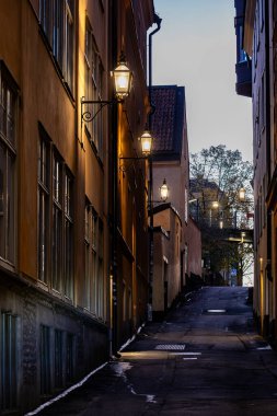Stockholm, İsveç Sodermalm Adası 'ndaki antik Klevgrand sokağı veya ara sokağı.