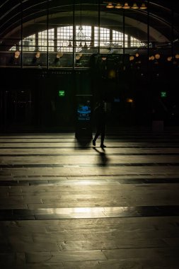 Stockholm, Sweden Oct 28, 2024 People walking indors in the Central train station in the strong autumn light. clipart