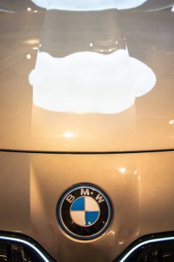Stockholm, İsveç 31 Ekim 2024 Bir arabanın üzerinde BMW araba logosu.