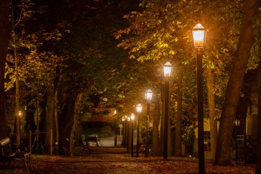 Stockholm, İsveç Sonbaharda Katarina Kyrkogard ya da Katarina Mezarlığı 'nın gece manzarası.