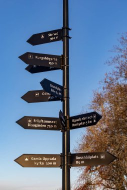 Gamla Uppsala, İsveç 22 Kasım 2024 Yerel kiliseyi ve şehir merkezini gösteren işaretler.