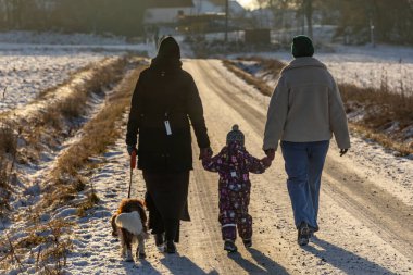 Uppsala, İsveç 7 Aralık 2024 İnsanlar Wik 's Castle' daki geleneksel Noel pazarına doğru karda kırsal bir yolda yürüyor.