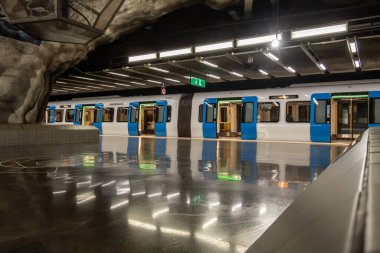 Stockholm, İsveç 17 Aralık 2024 Stockholm Metro treni veya tünelbanastları hala Tekniska Hogskolan istasyonunda.