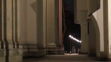 Vilnius, Litvanya Katedral Meydanı 'nda bir adam gece tek başına yürüyor..