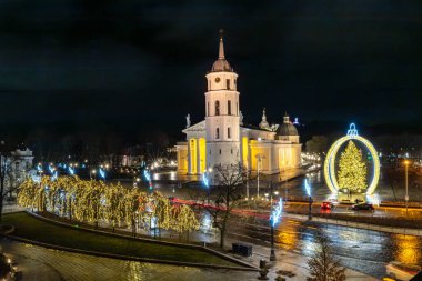 Vilnius, Litvanya 3 Ocak 2025 Gece Katedral Meydanı manzaralı Noel süslemeleri.