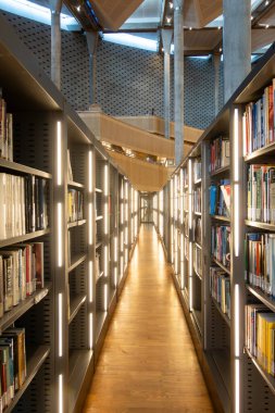 İskenderiye, Mısır 27 Ocak 2025 İskenderiye Kütüphanesi içinde kitap yığınları.