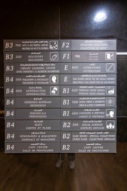 İskenderiye, Mısır 27 Ocak 2025 İskenderiye Kütüphanesi 'nde Fransızca, Arapça ve İngilizce bir işaret.