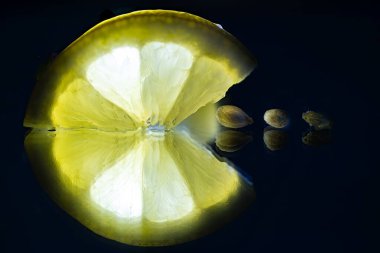 Stockholm, İsveç Limon tohumlu bir dilim limon aynaya yansıyor.
