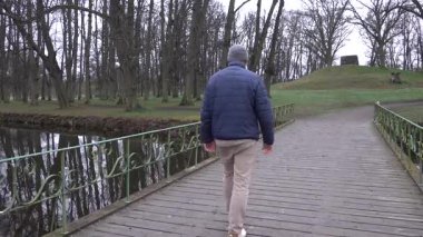 Stockholm, İsveç Bulutlu ve yağmurlu bir günde, baharda yaşlı meşe ağaçlarıyla ağaçlık bir parkta yürüyen bir adam.. 