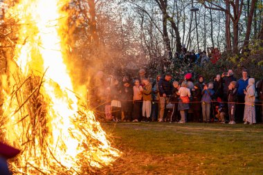Stockholm, İsveç 30 Nisan 2025 Walpurgis gecesini kutlamak için halka açık bir parkta büyük bir şenlik ateşi yakılır. Ya da Valborg, baharın gelişini not eden bir pagan ritüeli..