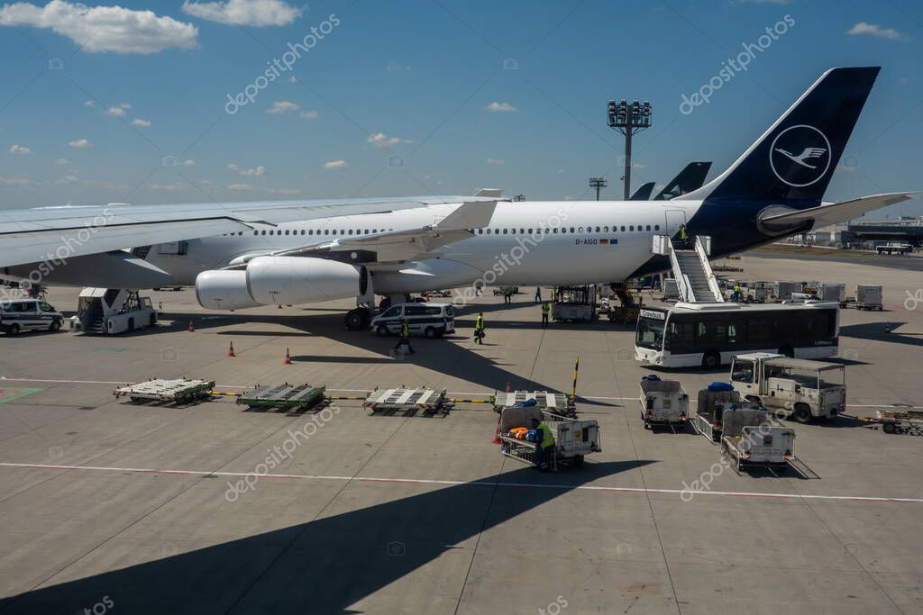 Frankfurt, Germany May 19, 2025 A Lufthansa airplane at the Frankfurt Airport