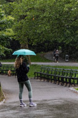 New York, New York, ABD 24 Mayıs 2025 Central Park 'ta yağmurda yürüyen yayalar.