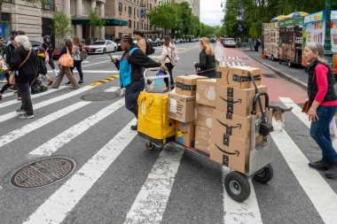 New York, New York, ABD 24 Mayıs 2025 Bir Amazon Prime sürücüsü caddenin karşısındaki kavşakta Amazon Prime paketleriyle bir yük arabası çekiyor..
