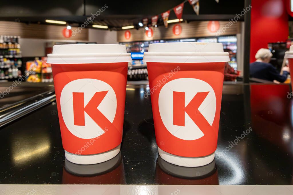 Stockholm, Sweden May 30, 2025 Two cups of coffee on a counter in a Circle K convenience store.