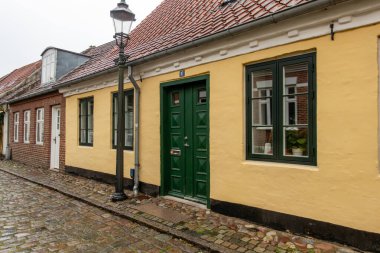 Ribe, Danimarka 10 Haziran 2025 Eski kasabada renkli bir ev ve kapı..