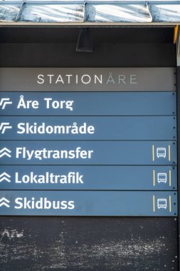 İsveç, 18 Temmuz 2025 Yazın bu kayak merkezinin ana tren istasyonu binasındaki tabelalar.