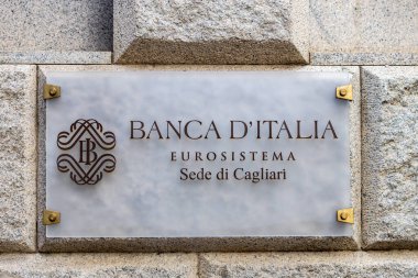 Cagilari, Sardunya, İtalya 13 Ağustos 2025 Banca D 'Italia' nın bir binadaki işareti..