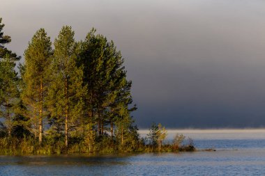 Tallberg, İsveç Sabah sisi Dalarna 'daki Siljan Gölü' nden yükseliyor.