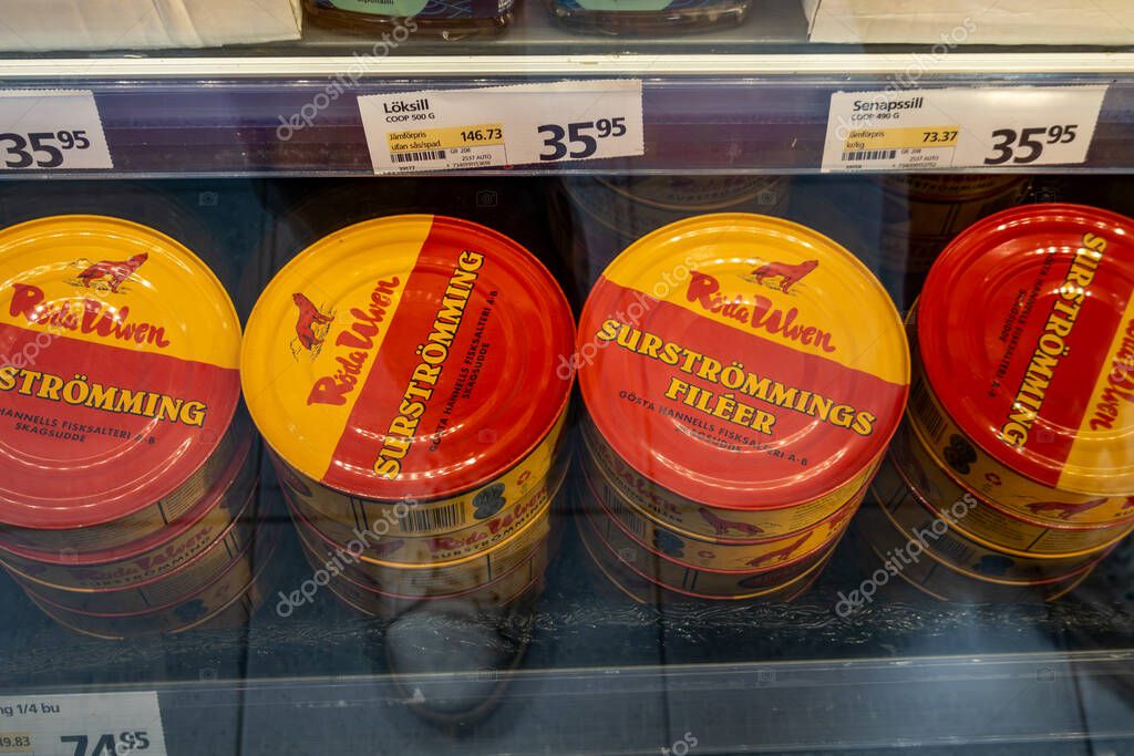 Leksand, Sweden Sept 24, 2025 Cans of surstromming in a supermarket.